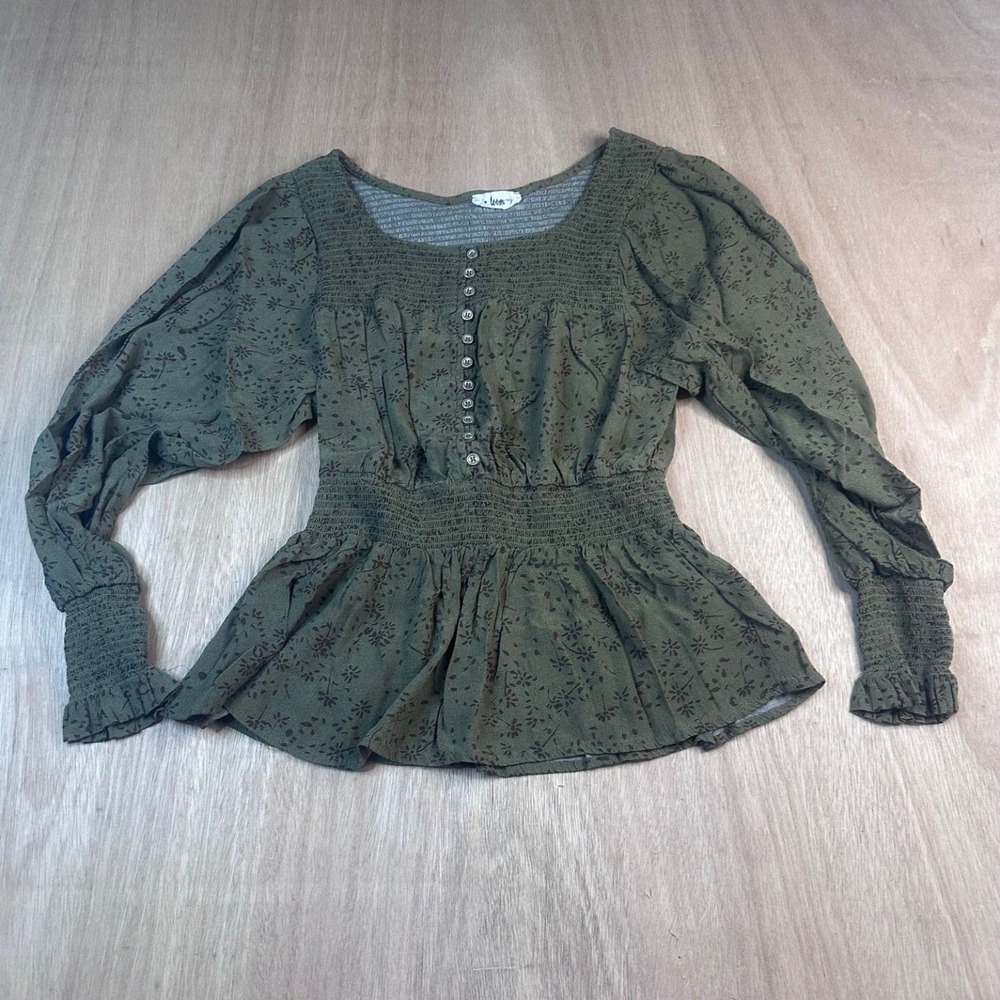 In Loom Women's Peasant Blouse Olive Green Floral Smocked Boho Top S Fall
